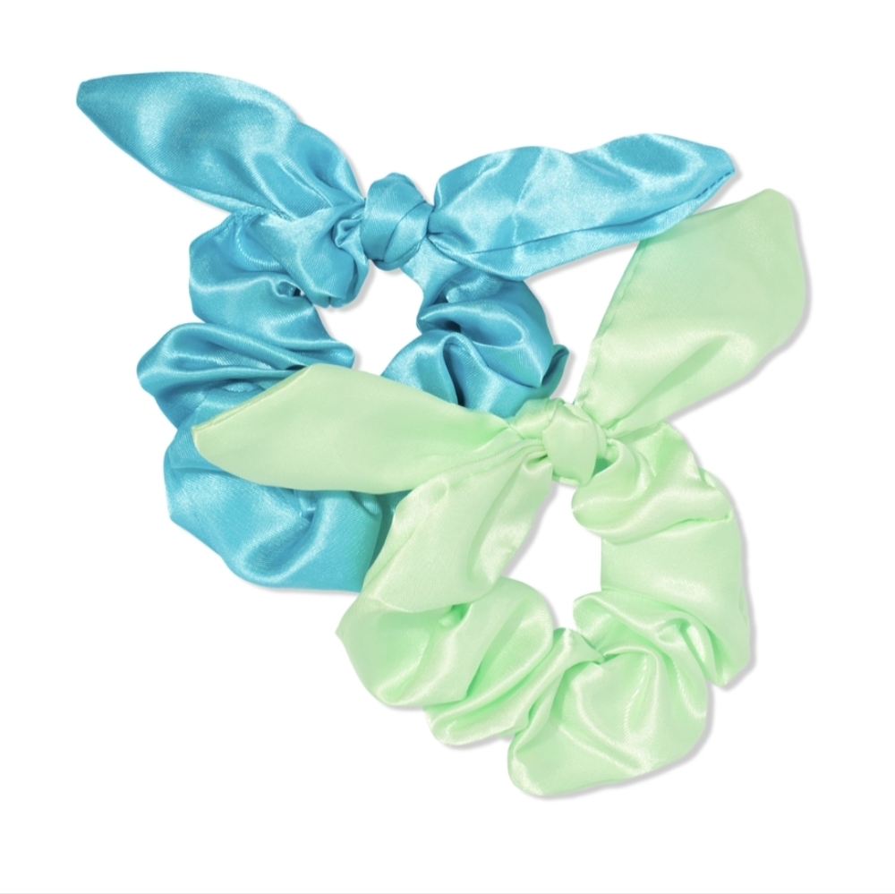 Sweet & Shimmer 2 pc. Satin Hair Bow Scrunchies Set Blue Green Duo